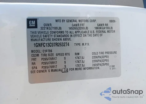 2007 Chevrolet Tahoe Ls из США, поврежденный, VIN 1GNFC13C97R263274